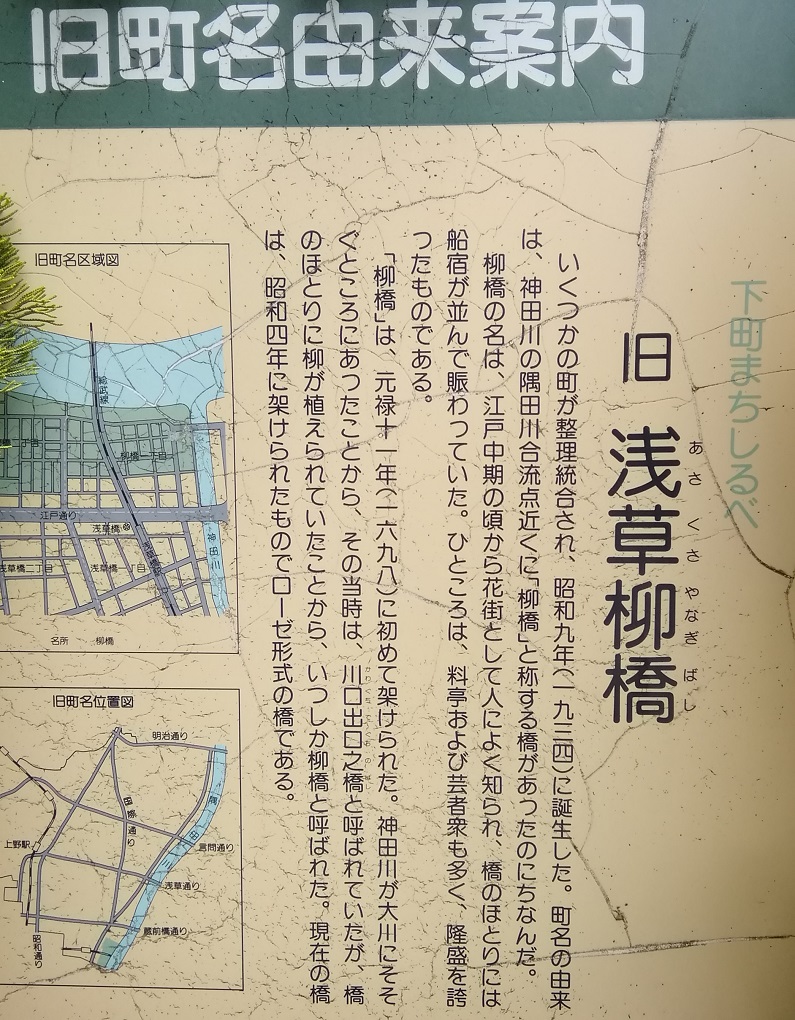 台东区旧町名由来说明板
旧浅草柳桥《新参者》10年考察番外篇1
　　～柳桥～ 