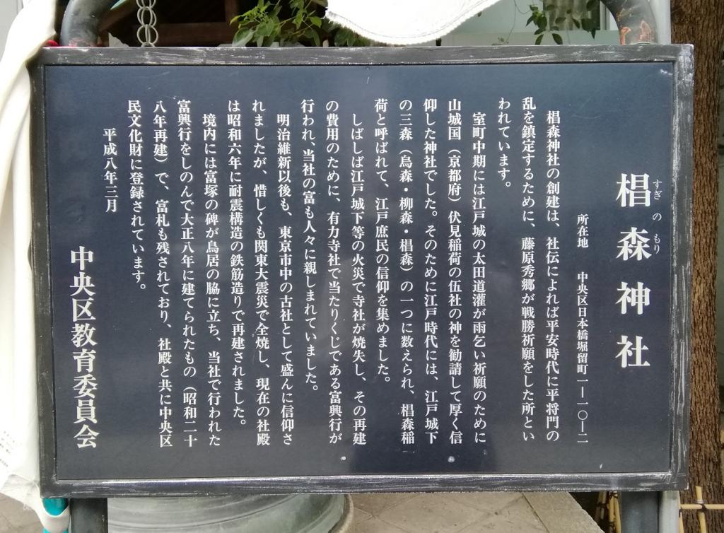 从中央区教育委员会说明板人形町站可以去的安静氛围的神社NO.24
 　～栂森神社～ 