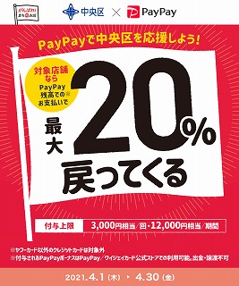 这个宣传活动的海报在标志中央区PayPay!目标店铺最多可返回20%的活动