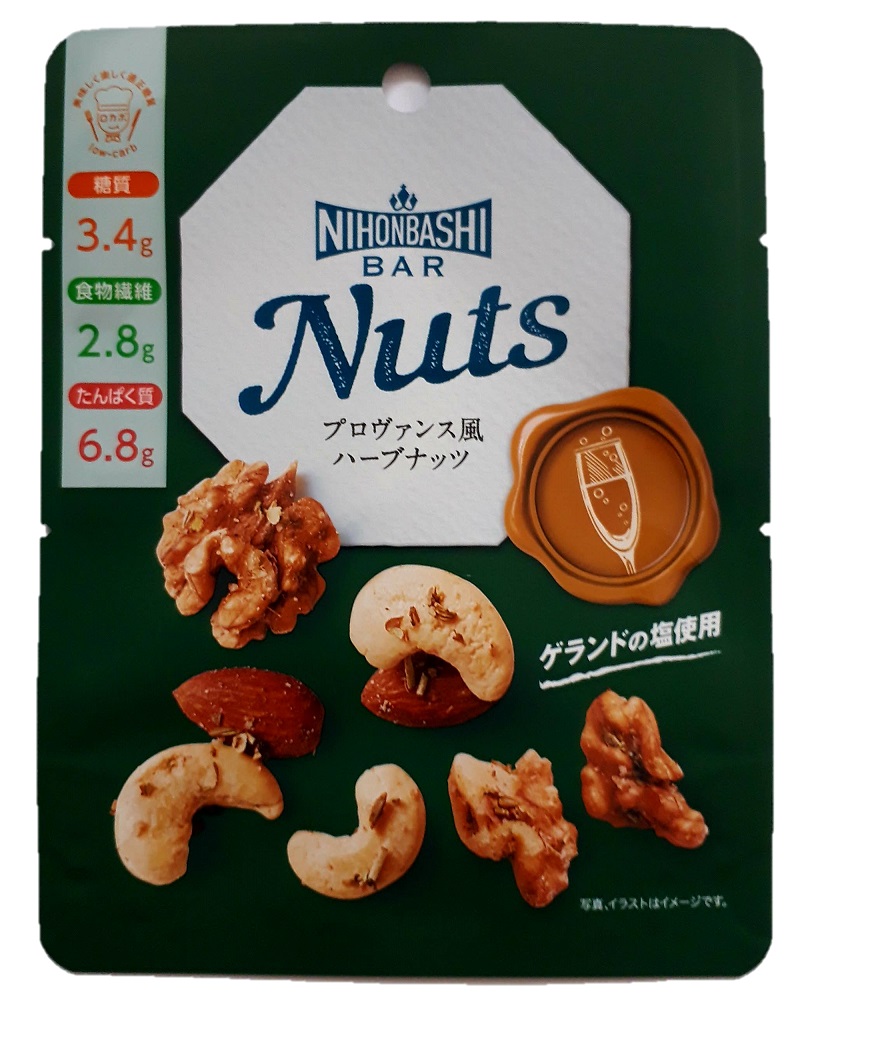 Nihonbashi Bar Nuts
普罗旺斯风味香草坚果
３３ｇ
参考零售价格240日元(不含税)
保质期　　　　180日9月新商品的介绍
　　～日本桥果房～