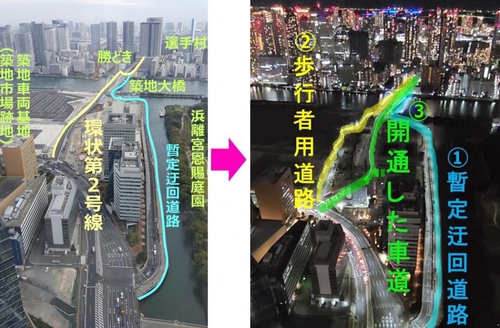 中间新设了车道,有两条道路→环状第2号线的本线终于开通了3条?!(旧筑地市场)