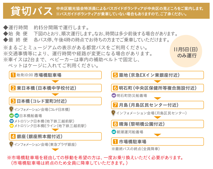  中央区11月5日(星期天)上午10点到下午4点,每隔15分钟运行一次中央区整座博物馆的巴士