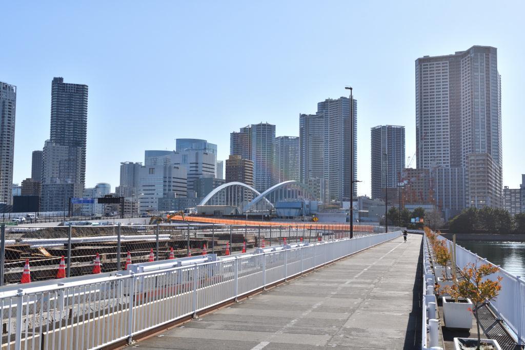  从筑地川沿岸的临时道路眺望的浜离宫恩赐庭园