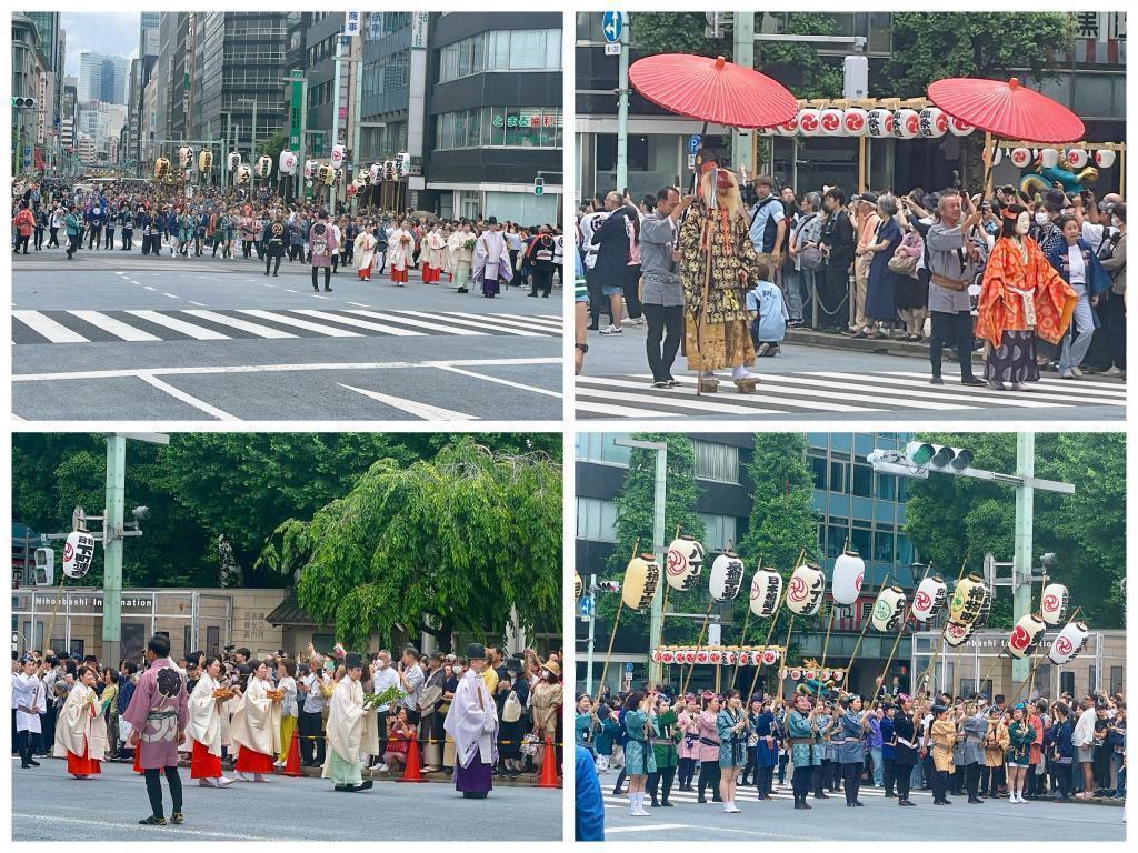 渡御的最前面是猿田彦・天钿女命,神轿在神职・巫女们中央路游行(山王祭)下町联合渡御